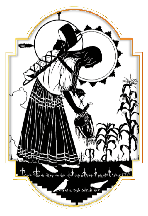 Woman in a field with basket — woodcut style illustration