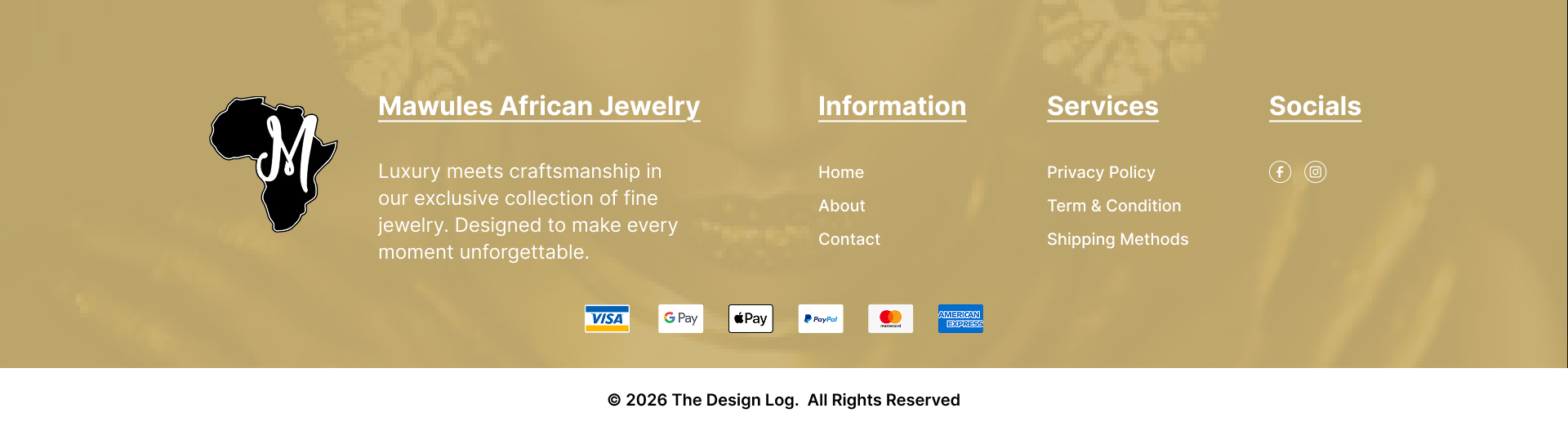 Mawules African Jewelry — Information, Services, Socials, and payment methods. © 2026 The Design Log. All Rights Reserved