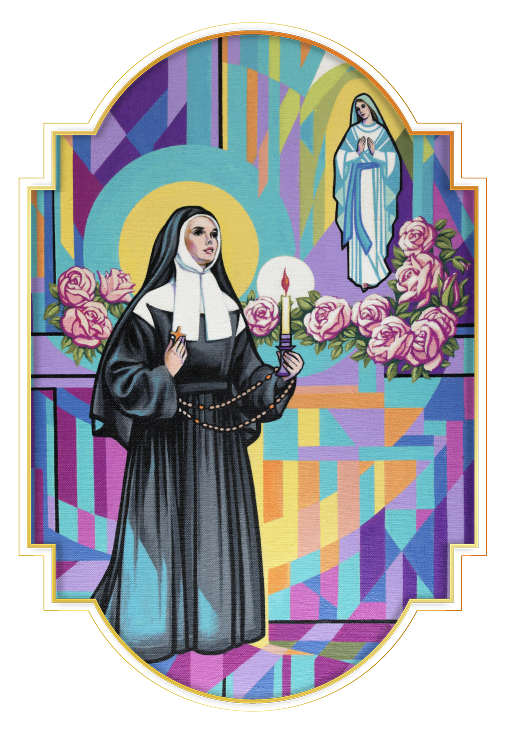St. Bernadette holding a candle — stained glass style illustration