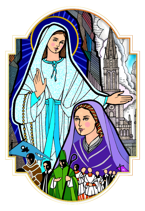Virgin Mary and St. Bernadette — stained glass style illustration