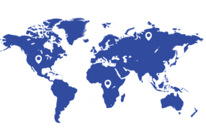 A blue world map with white location pins marking key regions of operation and global client reach.