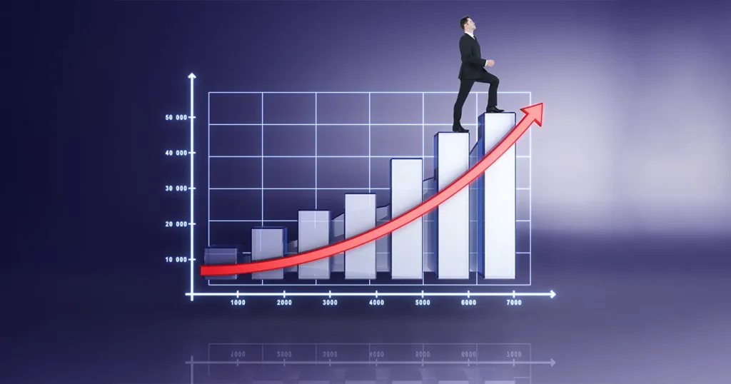 A businessman climbing a rising bar graph with a red upward arrow representing website ranking growth after a Technical SEO Audit.