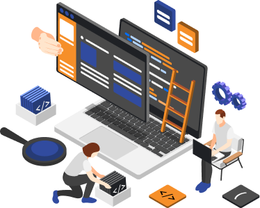 Isometric illustration of developers performing a technical SEO audit and website deployment