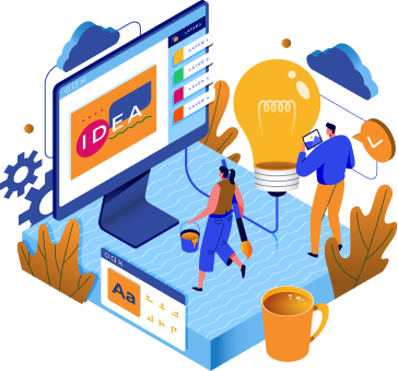 Isometric illustration showing designers brainstorming creative ideas for a digital project