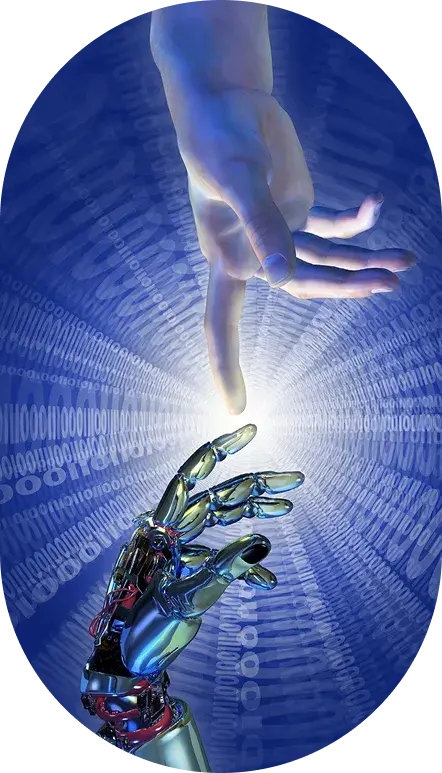 A human hand reaching down toward a highly detailed robotic hand, with fingertips nearly touching against a blue background of swirling binary code.