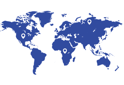 A blue world map with white location pins marking key regions of operation and global client reach.