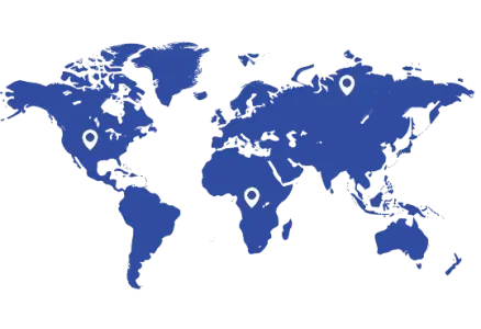A blue world map silhouette with white location pin icons placed on different continents.
